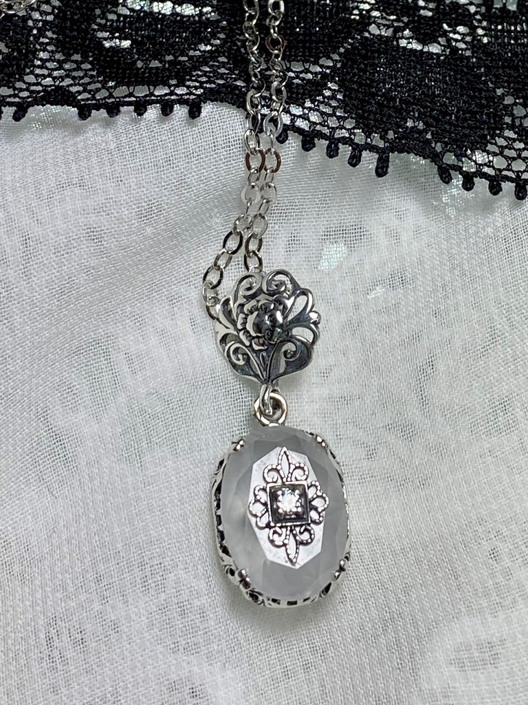 Camphor Glass Pendant, choice of White CZ, Lab Moissanite or Genuine Diamond inset gem, sterling silver filigree, Silver Embrace Jewelry, P70e