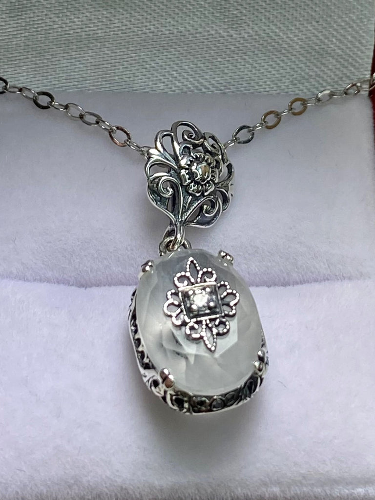 Camphor Glass Pendant, choice of White CZ, Lab Moissanite or Genuine Diamond inset gem, sterling silver filigree, Silver Embrace Jewelry, P70e