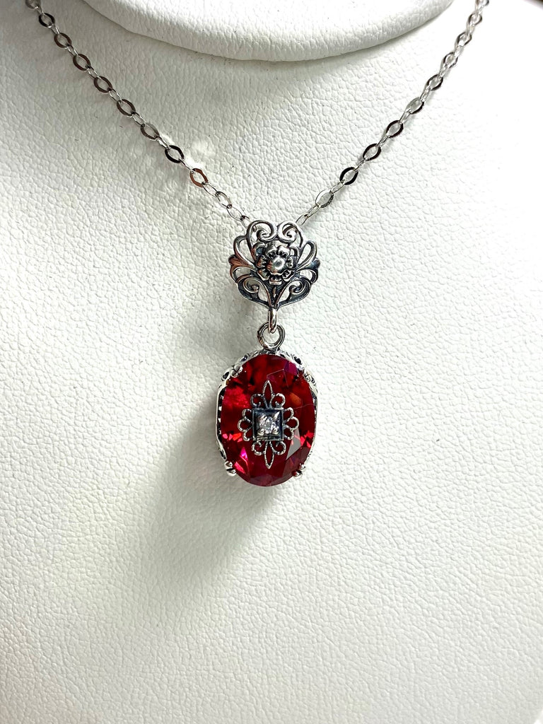 Pink Crystal Pendant, sterling silver filigree, CZ, Moissanite, or diamond inset gem, sterling silver chain, Edward Embellished necklace, Silver Embrace Jewelry P70e