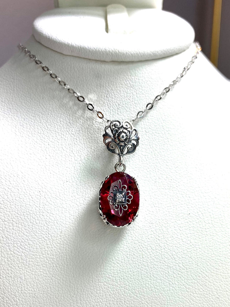 Pink Crystal Pendant, sterling silver filigree, CZ, Moissanite, or diamond inset gem, sterling silver chain, Edward Embellished necklace, Silver Embrace Jewelry P70e