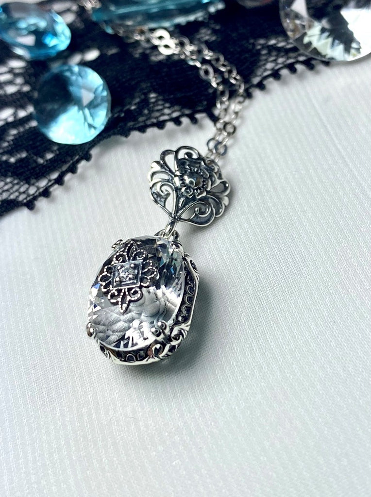 White Topaz with inlaid filigree oval pendant necklace, Edwardian filigree, sterling silver, Vintage Jewelry, Edward Embellished #P70e