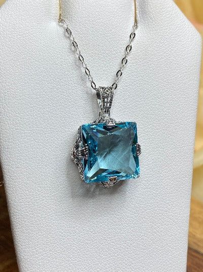 Sky blue Aquamarine Pendant Necklace, sterling silver filigree, floral filigree, Victorian Jewelry, Vintage Pendant, Square Vic #P77 Silver Embrace Jewelry