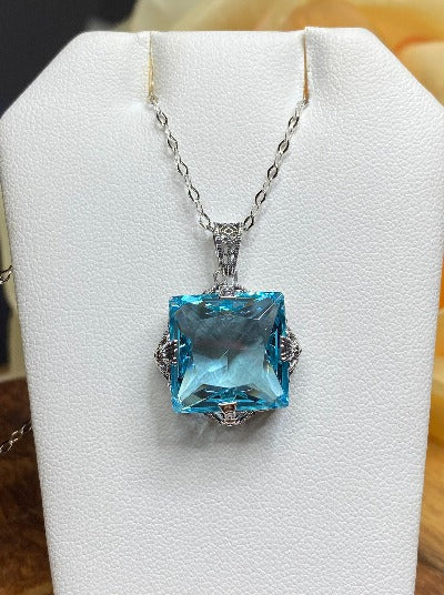 Sky blue Aquamarine Pendant Necklace, sterling silver filigree, floral filigree, Victorian Jewelry, Vintage Pendant, Square Vic #P77 Silver Embrace Jewelry