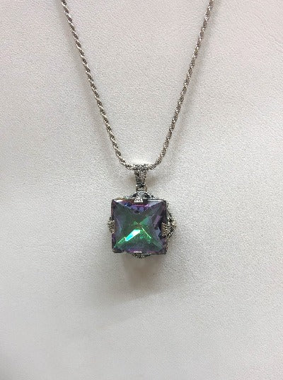 Rainbow Topaz, Mystic Topaz Pendant Necklace, sterling silver filigree, floral filigree, Victorian Jewelry, Vintage Pendant, Square Vic #P77 Silver Embrace Jewelry