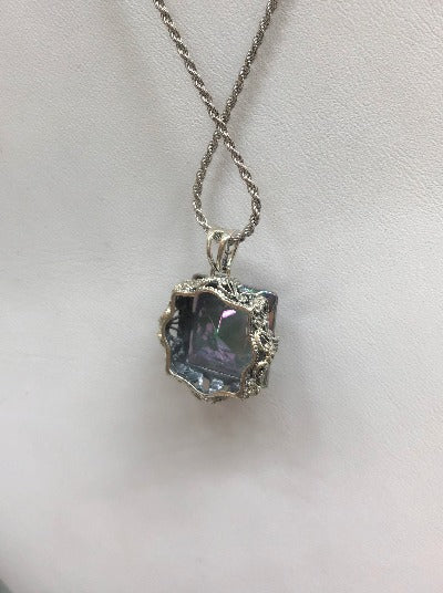 Rainbow topaz, mystic Topaz Pendant Necklace, sterling silver filigree, floral filigree, Victorian Jewelry, Vintage Pendant, Square Vic #P77 Silver Embrace Jewelry