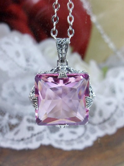 Pink Topaz Pendant Necklace, sterling silver filigree, floral filigree, Victorian Jewelry, Vintage Pendant, Square Vic #P77 Silver Embrace Jewelry