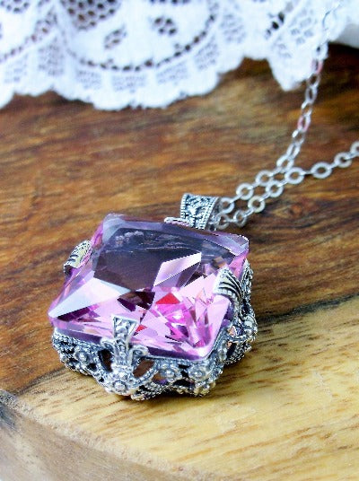 Pink Topaz Pendant Necklace, sterling silver filigree, floral filigree, Victorian Jewelry, Vintage Pendant, Square Vic #P77 Silver Embrace Jewelry