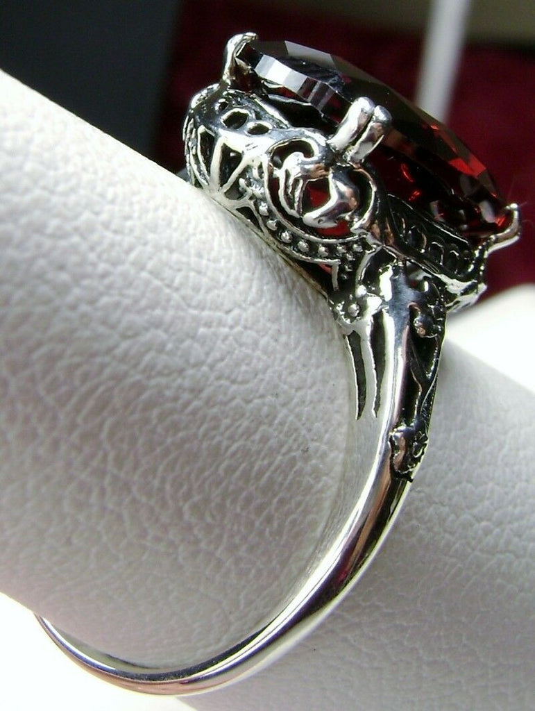Red Garnet CZ Sterling Silver Filigree Ring D70 Edwardian Silver Embrace Jewelry