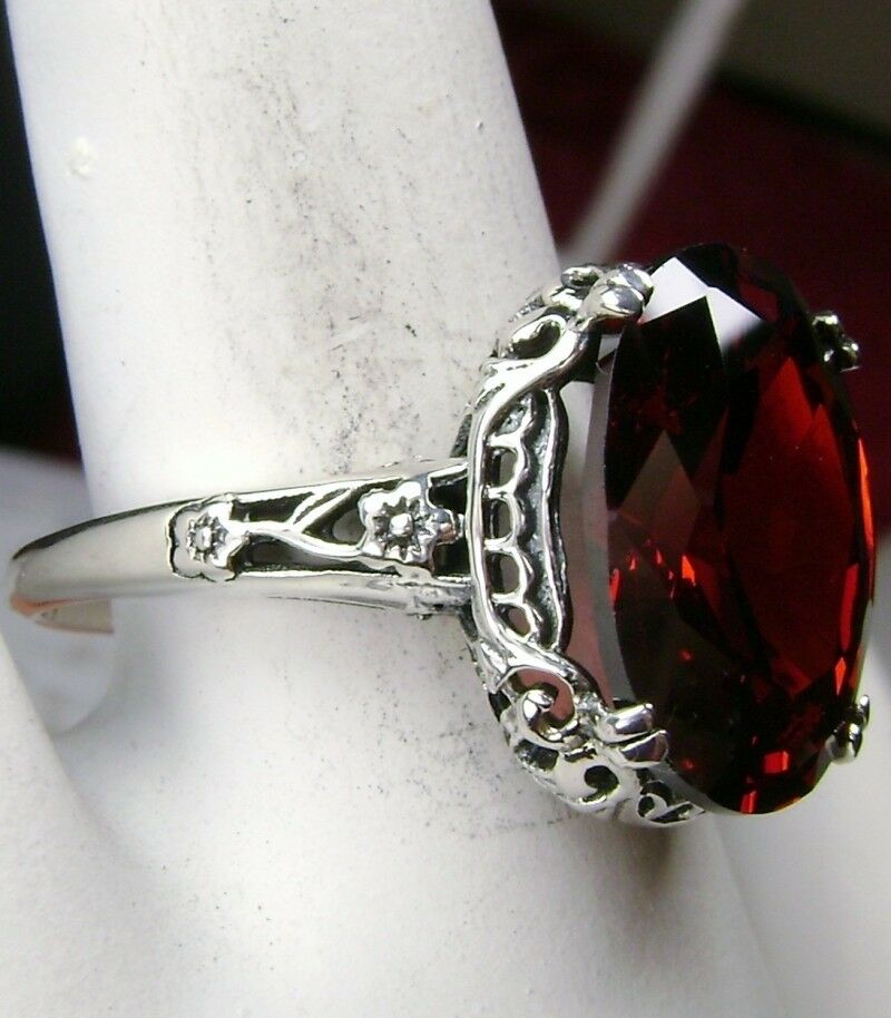 Red Garnet CZ Sterling Silver Filigree Ring D70 Edwardian Silver Embrace Jewelry