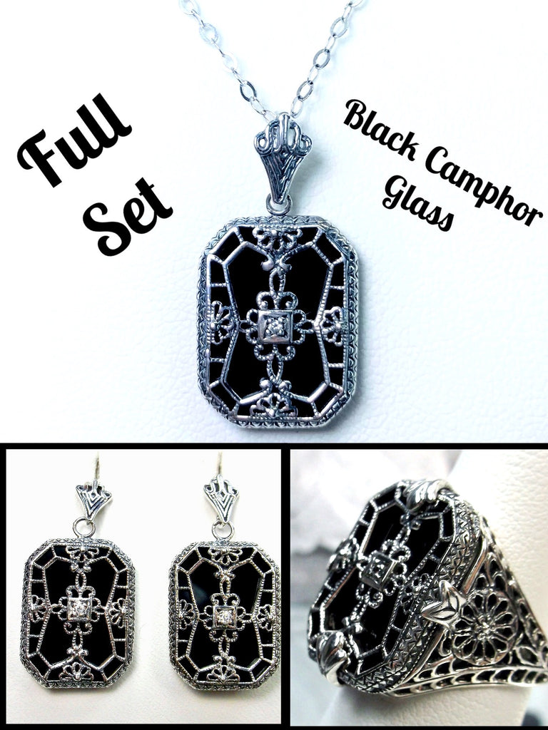 Black Camphor Glass Jewelry Set with Sterling Silver Art Deco Filigree and a single white CZ in the center of the pane sections, Ring, Earrings, Pendant Necklace, Silver Embrace jewelry