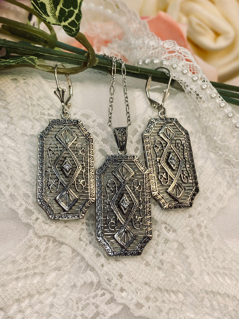 Moissanite Pendant with Earrings, GeoDeco style, sterling silver filigree, Vintage Antique Jewelry, Art Deco Jewelry Set, Silver Embrace Jewelry, P357