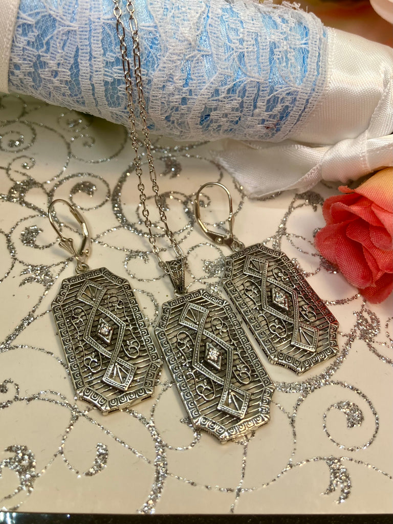 Moissanite Pendant with Earrings, GeoDeco style, sterling silver filigree, Vintage Antique Jewelry, Art Deco Jewelry Set, Silver Embrace Jewelry, P357