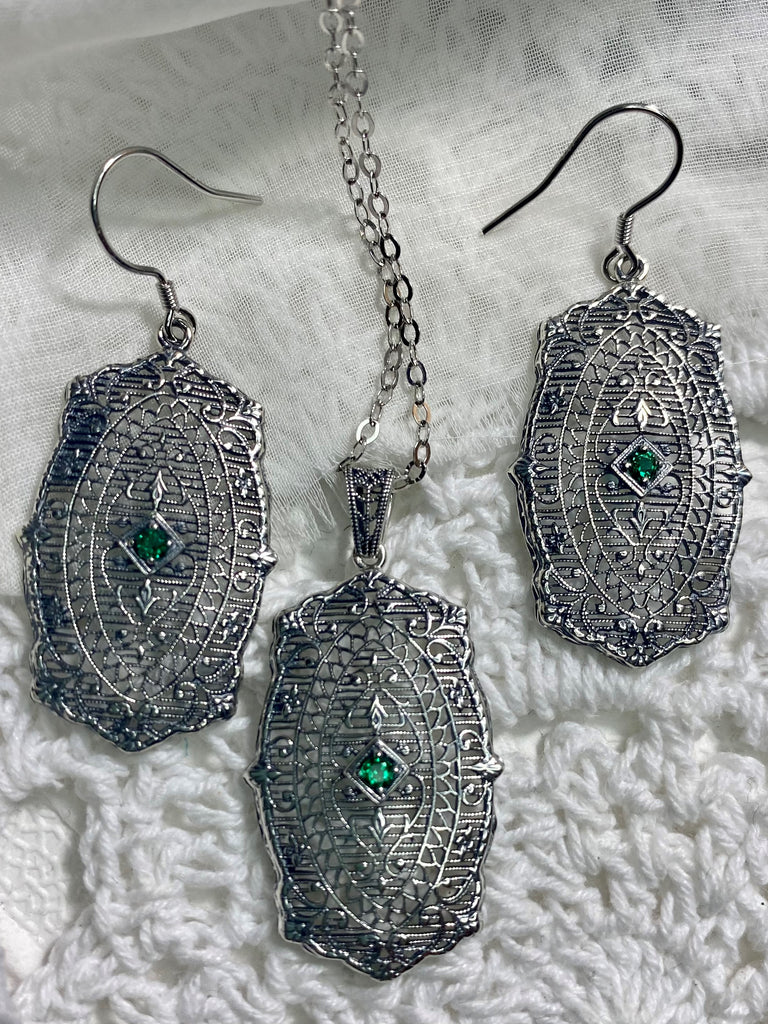 Natural Green emerald Pendant and Earrings, Natural Gemstone, Rococo Vintage Jewelry, Victorian Jewelry Set, Sterling Silver Filigree, Silver Embrace jewelry S358