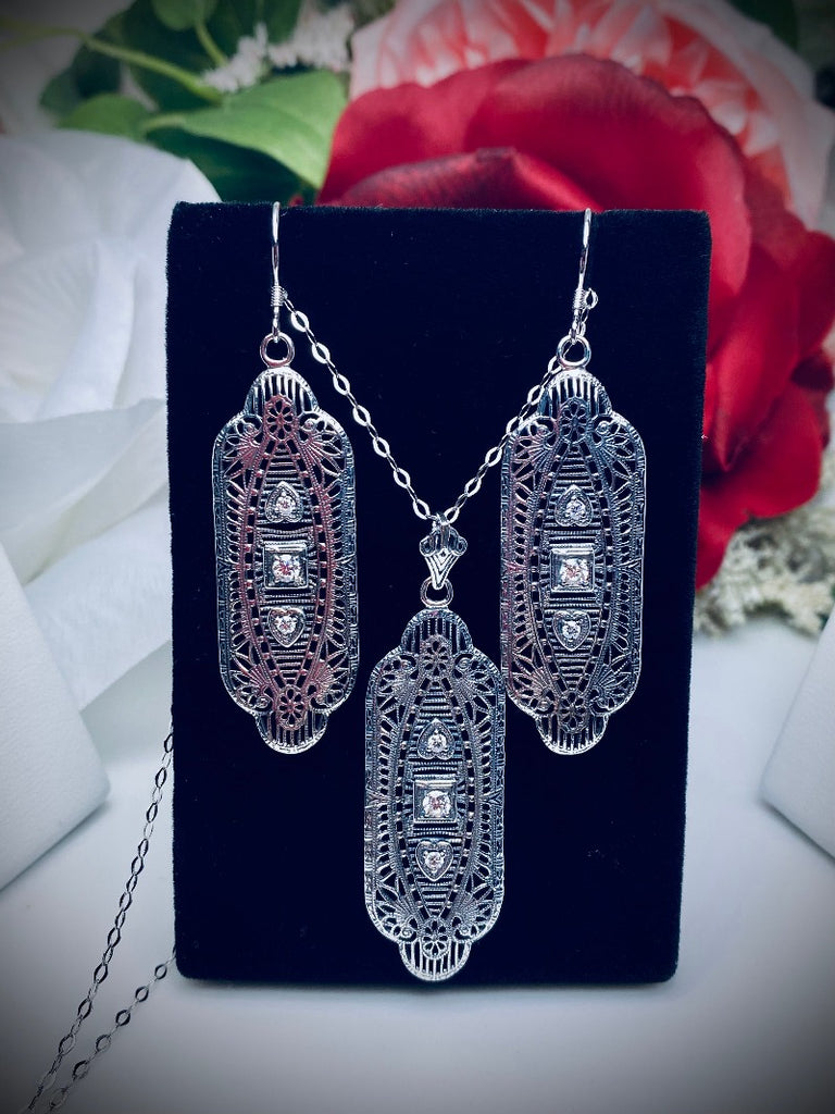 Moissanite Earrings & Pendant Set, Vintage style, sterling silver filigree, Angel Wing design, Vintage Antique Jewelry, Silver Embrace Jewelry, S359