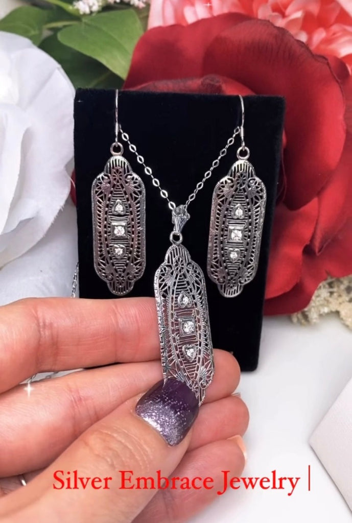 Moissanite Earrings & Pendant Set, Vintage style, sterling silver filigree, Angel Wing design, Vintage Antique Jewelry, Silver Embrace Jewelry, S359