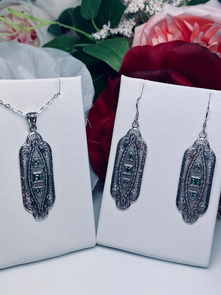 Natural Green Emerald Earrings & Pendant Set, Vintage style, sterling silver filigree, Angel Wing design, Vintage Antique Jewelry, Silver Embrace Jewelry, S359