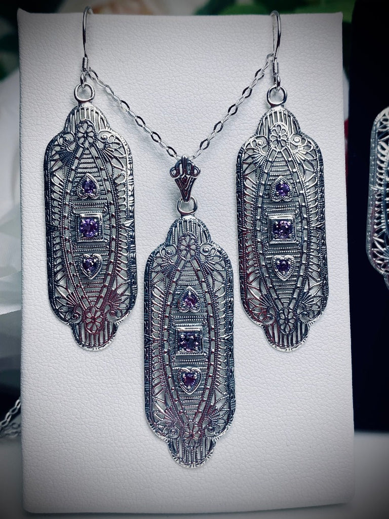 Natural Purple Amethyst Earrings & Pendant Set, Vintage style, sterling silver filigree, Angel Wing design, Vintage Antique Jewelry, Silver Embrace Jewelry, S359