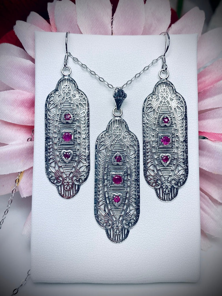 Natural Red Ruby Earrings & Pendant Set, Vintage style, sterling silver filigree, Angel Wing design, Vintage Antique Jewelry, Silver Embrace Jewelry, S359