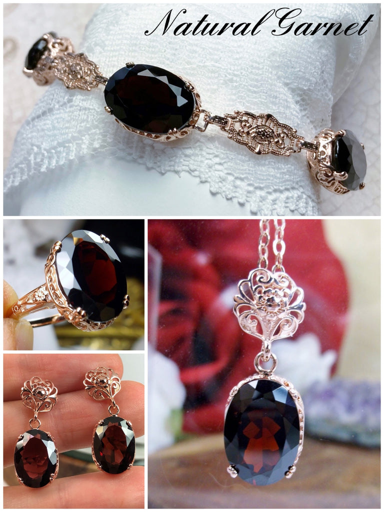 Natural Red Garnet Jewelry Set, Rose Gold plated Sterling Silver, Floral Filigree, Bracelet, Earring, Pendant Necklace, Ring, Silver Embrace Jewelry, S70 Edward