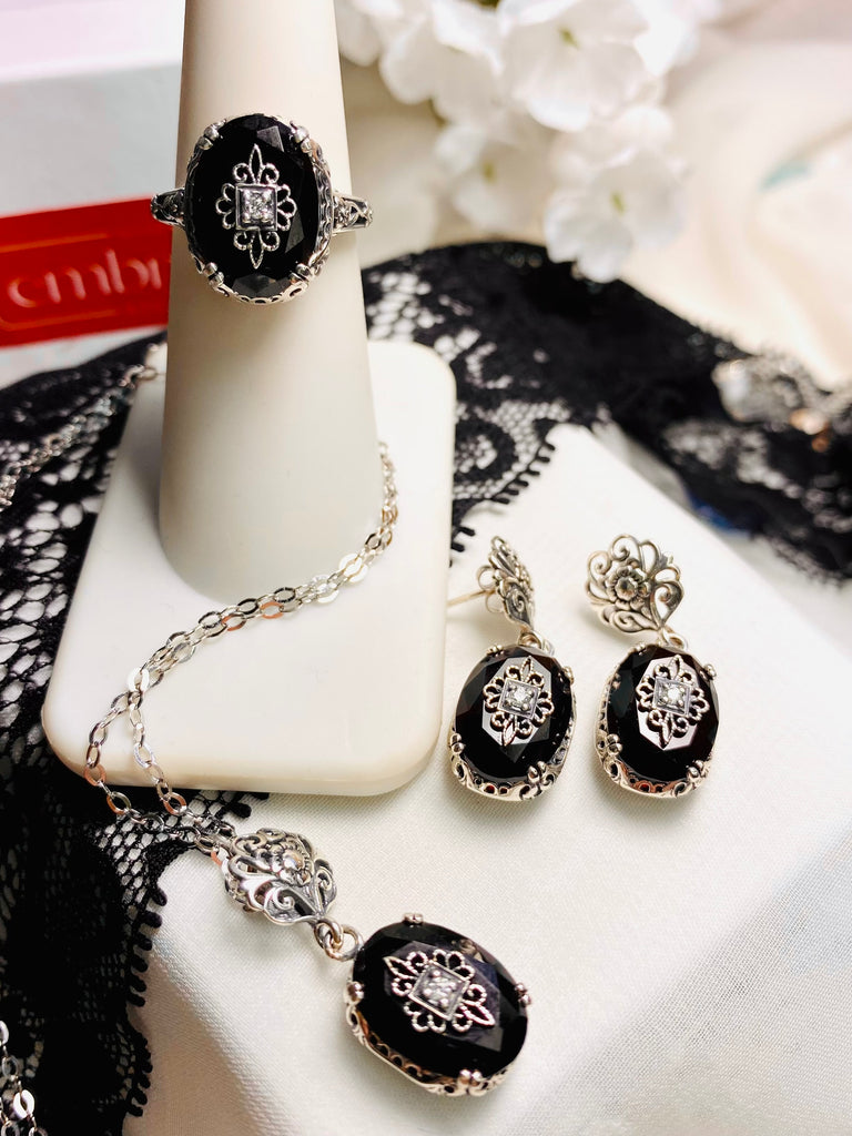 Black Onyx Ring, Earrings, Pendant, Jewelry Set, Choice of white CZ, Lab Moissanite, or genuine diamond inset gem, sterling silver filigree, Silver Embrace Jewelry S70e