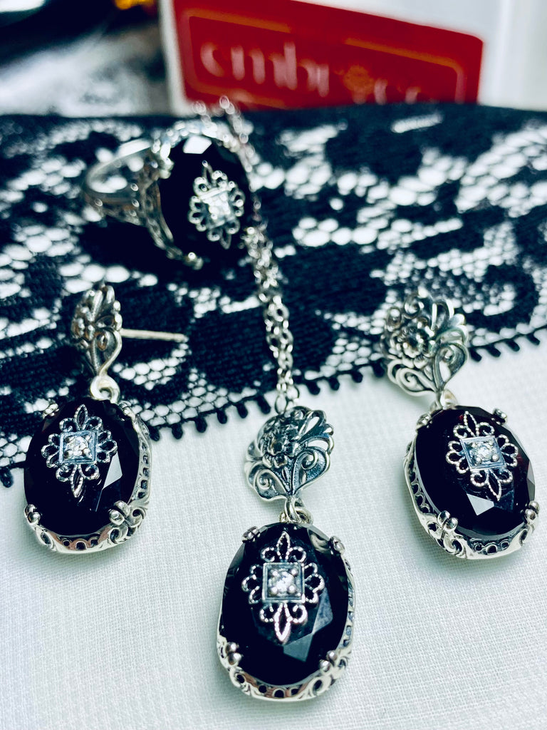 Black Faux Onyx Jewelry Set with ring, Earrings, Pendant necklace, Edward embellished sterling silver filigree, choice of white cz, lab moissanite, or genuine diamond inset gem, Silver Embrace jewelry, S70e