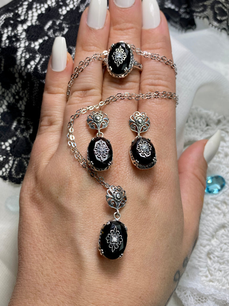 Black Onyx jewelry set, Choice of white CZ, Lab Moissanite, or genuine diamond inset gem, sterling silver filigree, Silver Embrace Jewelry S70e