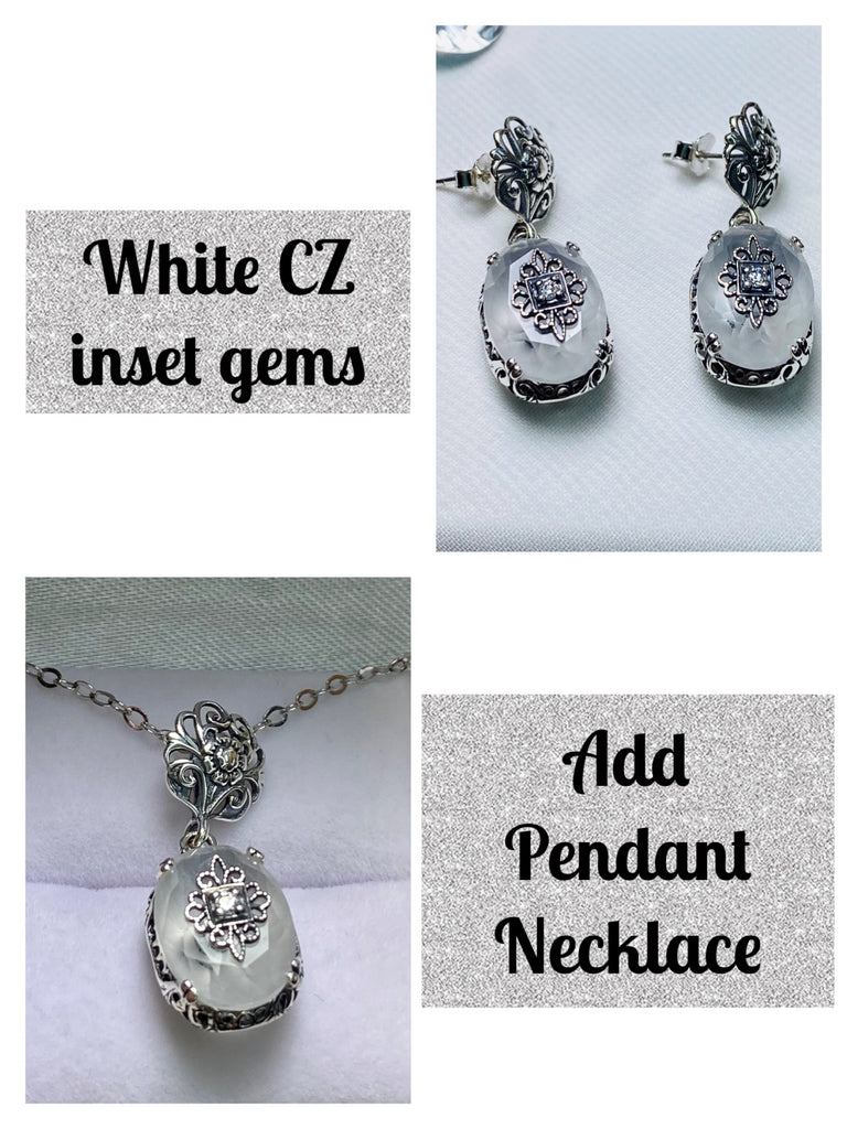 White Camphor Glass Earrings and pendant set, choice of inset gem, White CZ, Lab Moissanite, or Genuine Diamond, Sterling Silver Jewelry Set, Edward embellished, Silver Embrace jewelry E70e