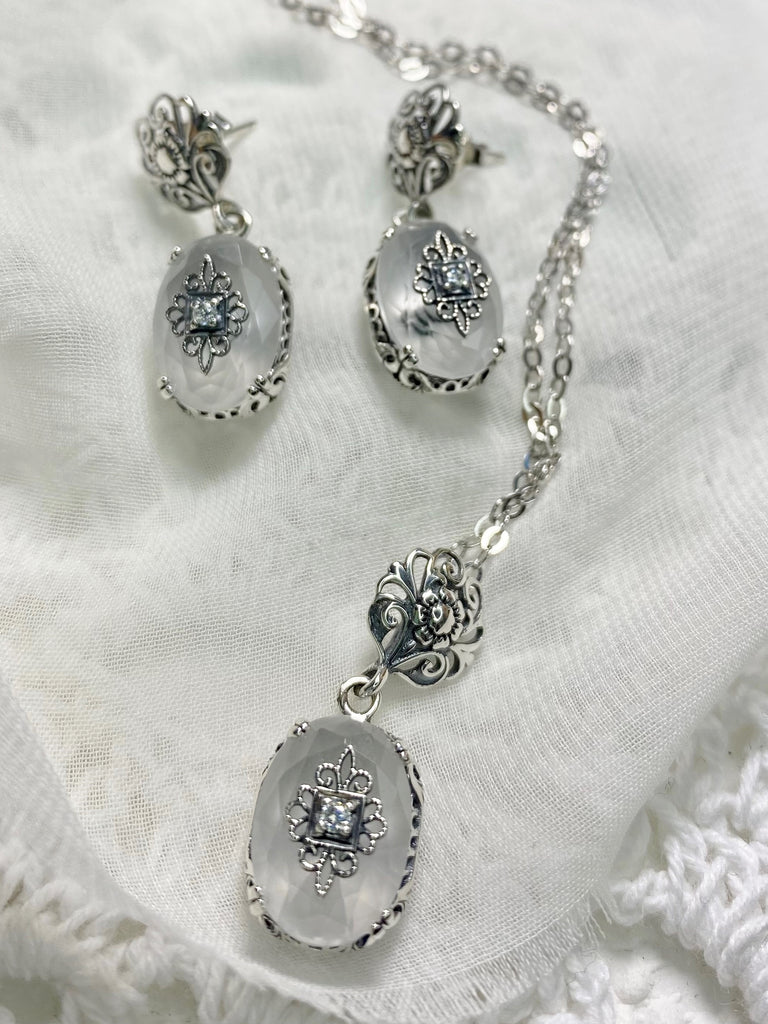 White Camphor Glass Earrings and pendant set, choice of inset gem, White CZ, Lab Moissanite, or Genuine Diamond, Sterling Silver Jewelry Set, Edward embellished, Silver Embrace jewelry E70e
