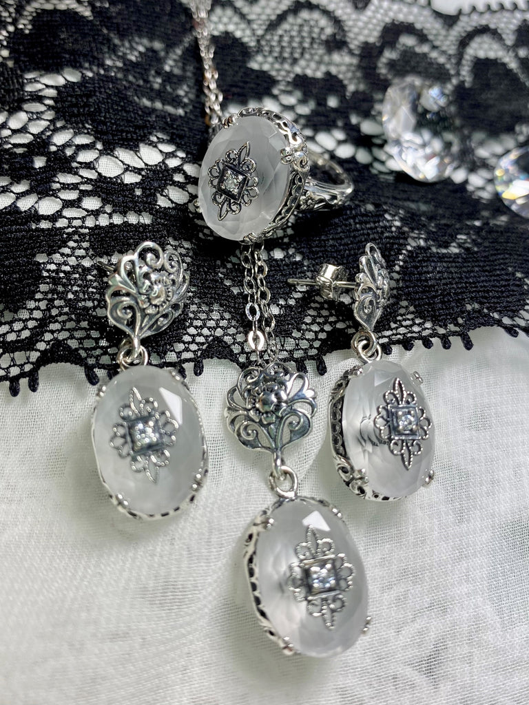 Camphor Glass Jewelry Set, with Ring, Earrings, and Pendant Necklace, Sterling Silver Filigree, choice of Diamond, Moissanite, or CZ inset gem, Silver Embrace Jewelry, S70e