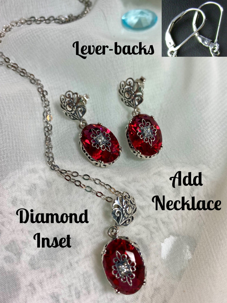 Pink Crystal lever-back earrings & Pendant necklace, sterling silver filigree, diamond inset gem, Edward Embellished Jewelry Set, Silver Embrace Jewelry E70e