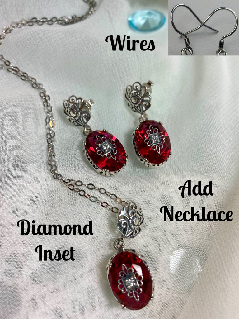 Pink Crystal traditional shepherd hook wire earrings & Pendant necklace, sterling silver filigree, diamond inset gem, Edward Embellished Jewelry Set, Silver Embrace Jewelry E70e