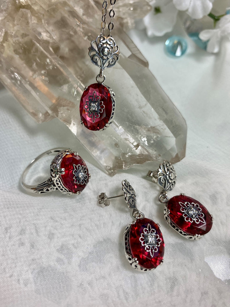 Pink Crystal Jewelry Set, Sterling Silver Embellished Edwardian Ring, CZ, Moissanite or Natural Diamond Inset, Edward design, D70, Silver Embrace Jewelry