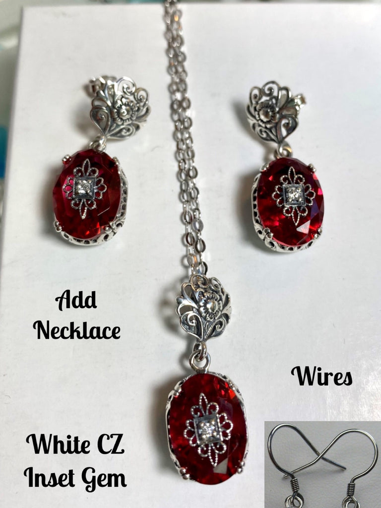 Pink Crystal traditional shepherd hook wire earrings & Pendant necklace, sterling silver filigree, CZ inset gem, Edward Embellished Jewelry Set, Silver Embrace Jewelry E70e