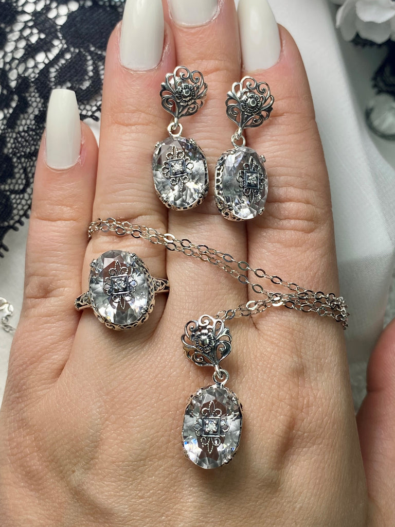 Clear Faceted Crystal Jewelry Set with Necklace, Earrings and Ring, Sterling Silver Embellished Edwardian Ring, CZ, Moissanite or Natural Diamond Inset, Edward design, Silver Embrace Jewelry