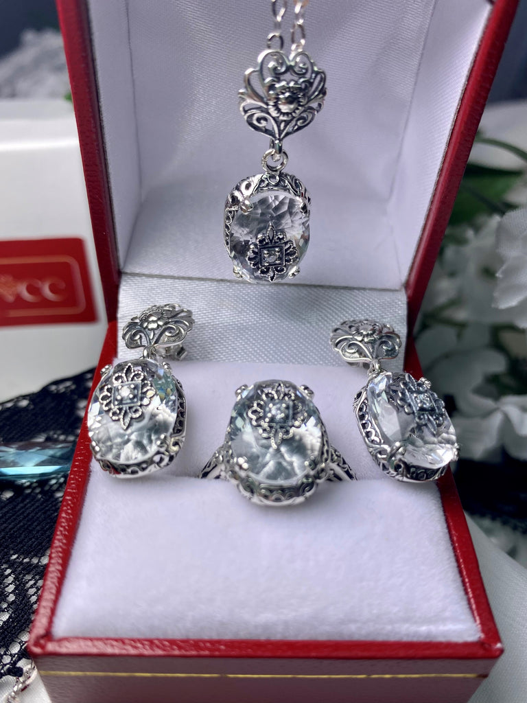 Clear Faceted Crystal Jewelry Set with Necklace, Earrings and Ring, Sterling Silver Embellished Edwardian Ring, CZ, Moissanite or Natural Diamond Inset, Edward design, Silver Embrace Jewelry