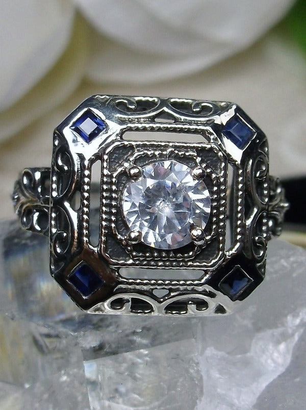 Art Deco Ring, White CZ Center & 4 deep blue sapphire gems as accents, Octagonal Sterling Silver Filigree, Silver Embrace Jewelry, D68, C-Deco