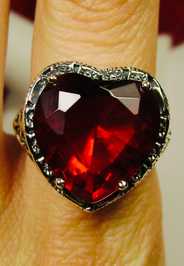Red Garnet CZ Ring, Heart Shaped gemstone, Victorian Sterling Silver Filigree, D59 Heart Vic, Silver Embrace Jewelry