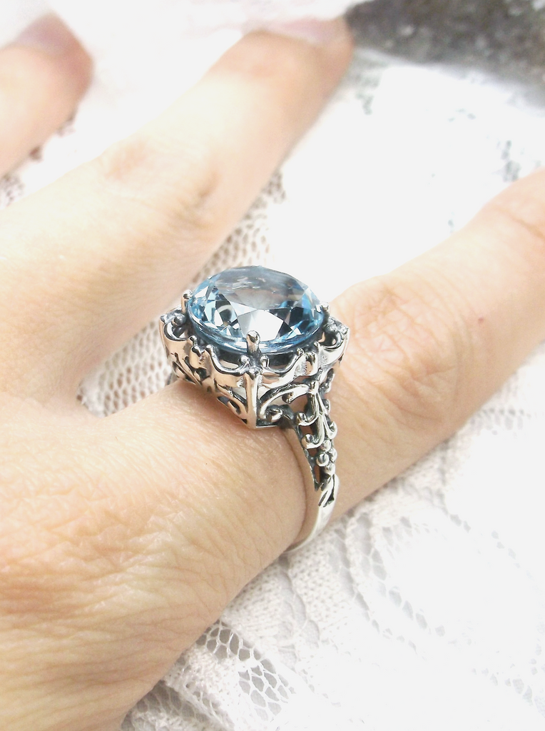 Blue Aquamarine Ring, Speechless Design #D103, Sterling Silver Filigree, Vintage Jewelry, Silver Embrace Jewelry