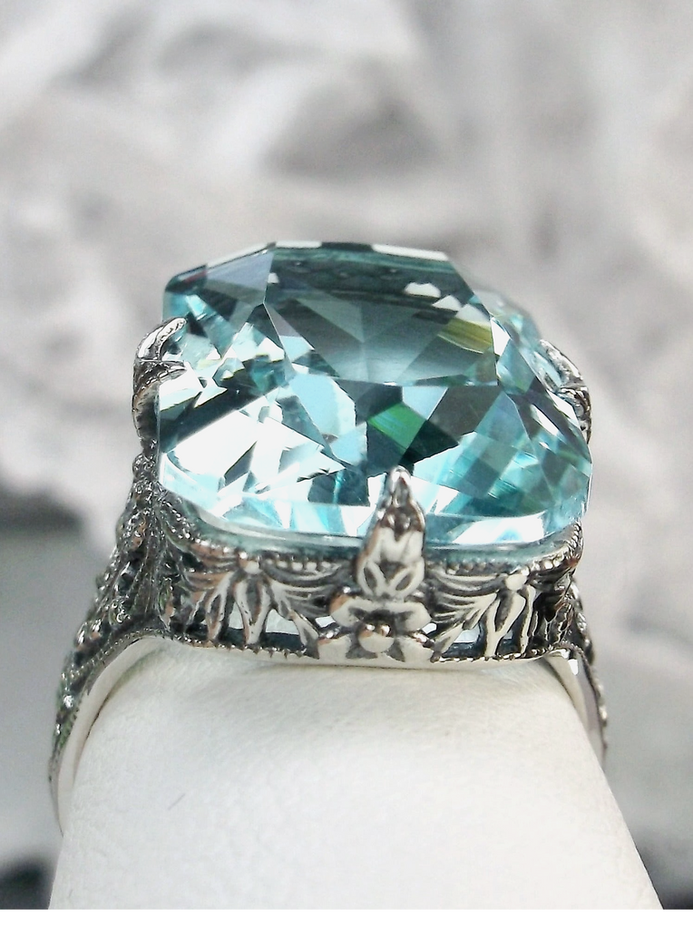 Sky Blue Aquamarine Ring, Edwardian style, sterling silver filigree, with flared prong detail, Treasure design