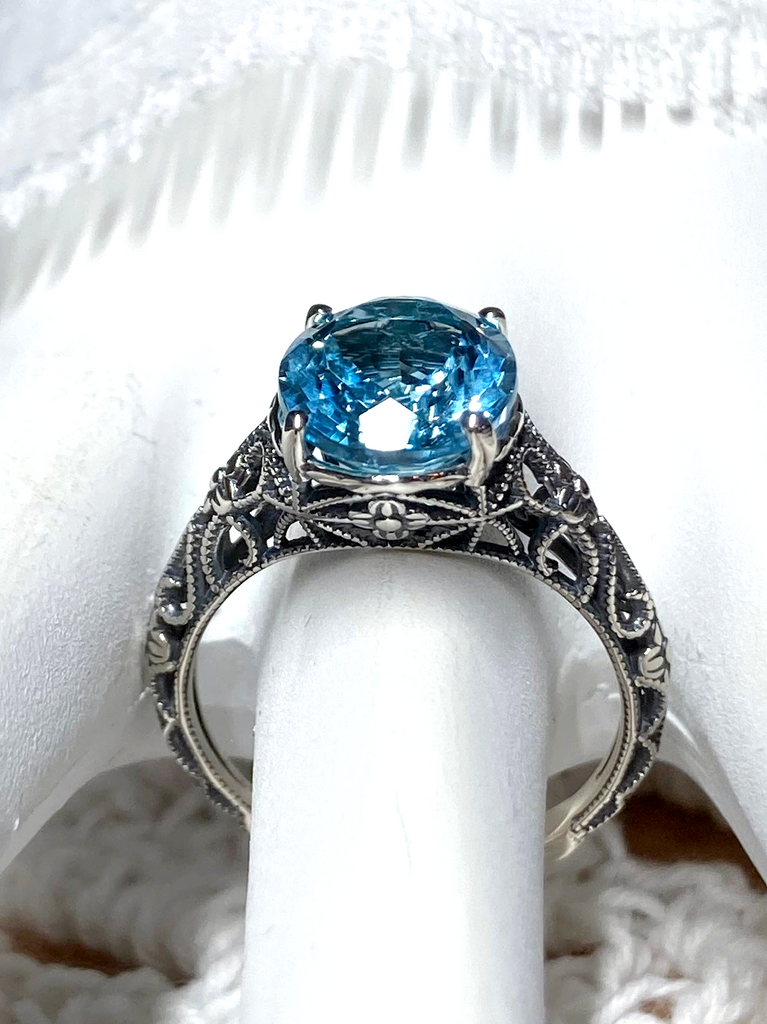 Natural Blue Topaz Ring, Medieval Floral filigree, Oval Gem, Vintage Sterling Silver Jewelry, Silver Embrace Jewelry, D173