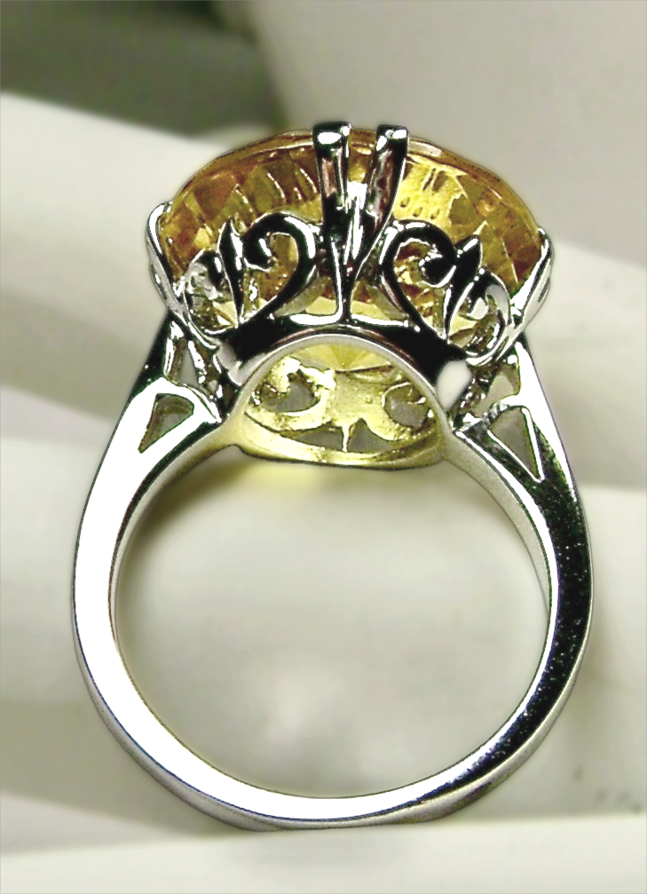 Yellow Citrine Ring, Fleur de Lis Ring - Vintage Jewelry D7 | Silver Embrace Jewelry, Stunning Art Nouveau/Victorian era-inspired ring from Silver Embrace features a 12ct man-made yellow citrine stone, hallmarked 925 sterling silver band and intricate filigree setting with fleur de lis designs.