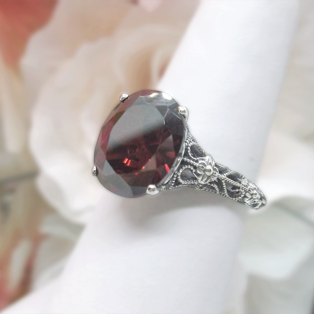 Garnet Ring, Cubic Zirconia Gemstone, Garnet CZ Ring, Medieval Floral Sterling Silver Filigree, Oval Faceted Gemstone, Vintage Jewelry, Silver Embrace Jewelry, D173