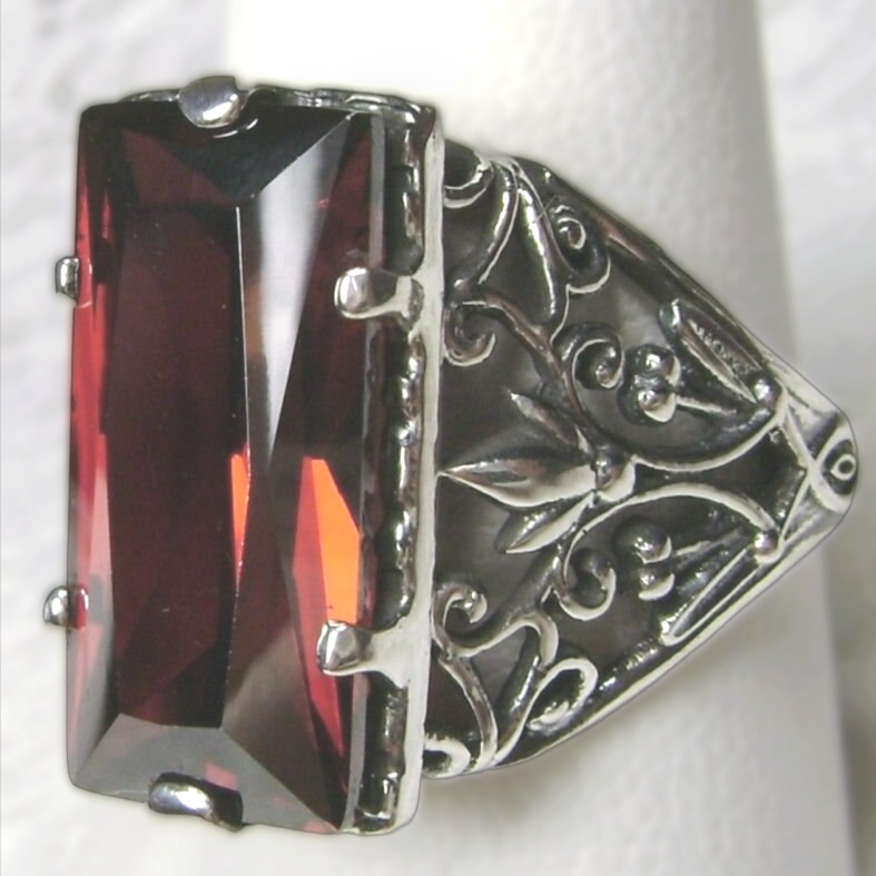 Garnet CZ Ring, Baguette Gem, Floral Leaf Filigree, sterling silver Victorian design jewelry, Silver Embrace Jewelry, D32