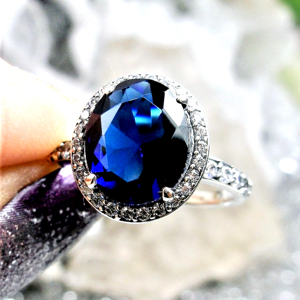 a ring with a blue stone surrounded by diamonds, Blue Sapphire Ring, Sterling Silver Filigree, Halo Design, Silver Embrace Jewelry, Art Deco Jewelry, D228