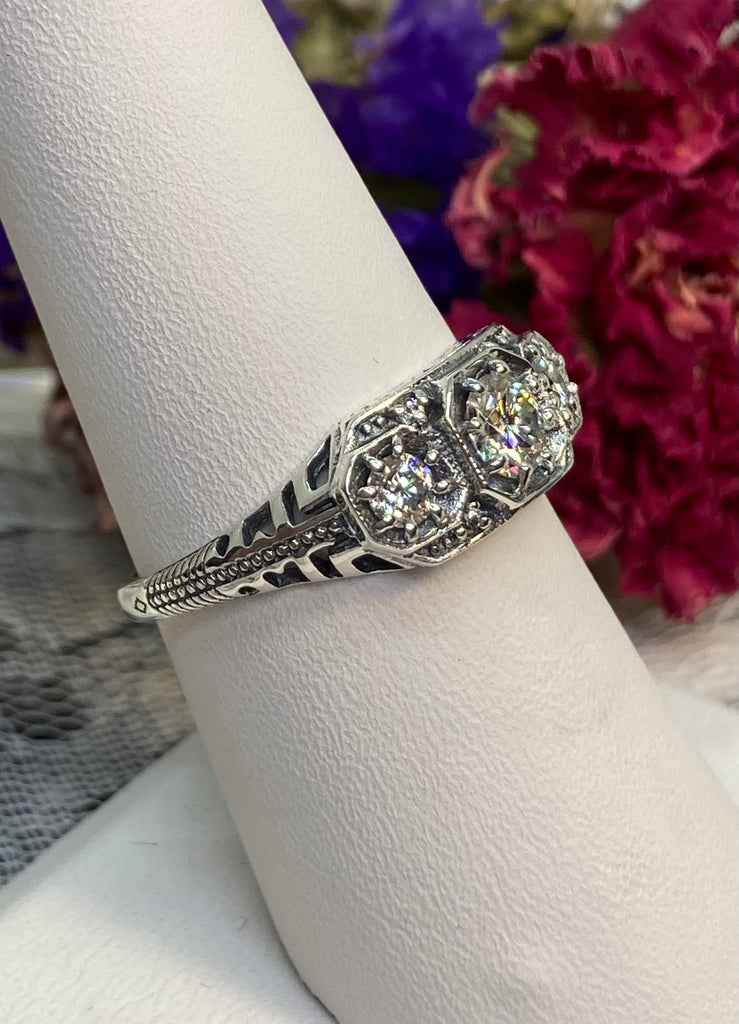 Moissanite Ring, 3 Stone Art Deco Jewelry, Silver Embrace Jewelry #D161