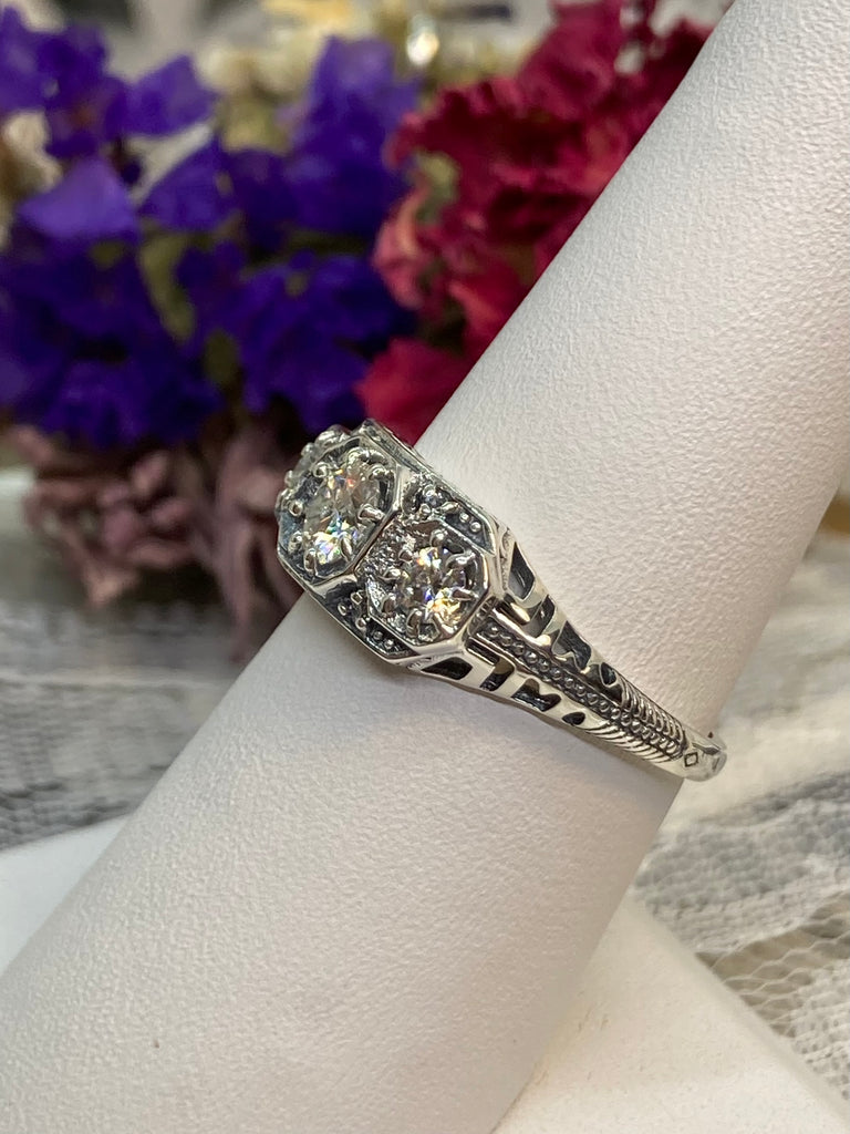 Moissanite Ring, 3 Stone Art Deco Jewelry, Silver Embrace Jewelry #D161