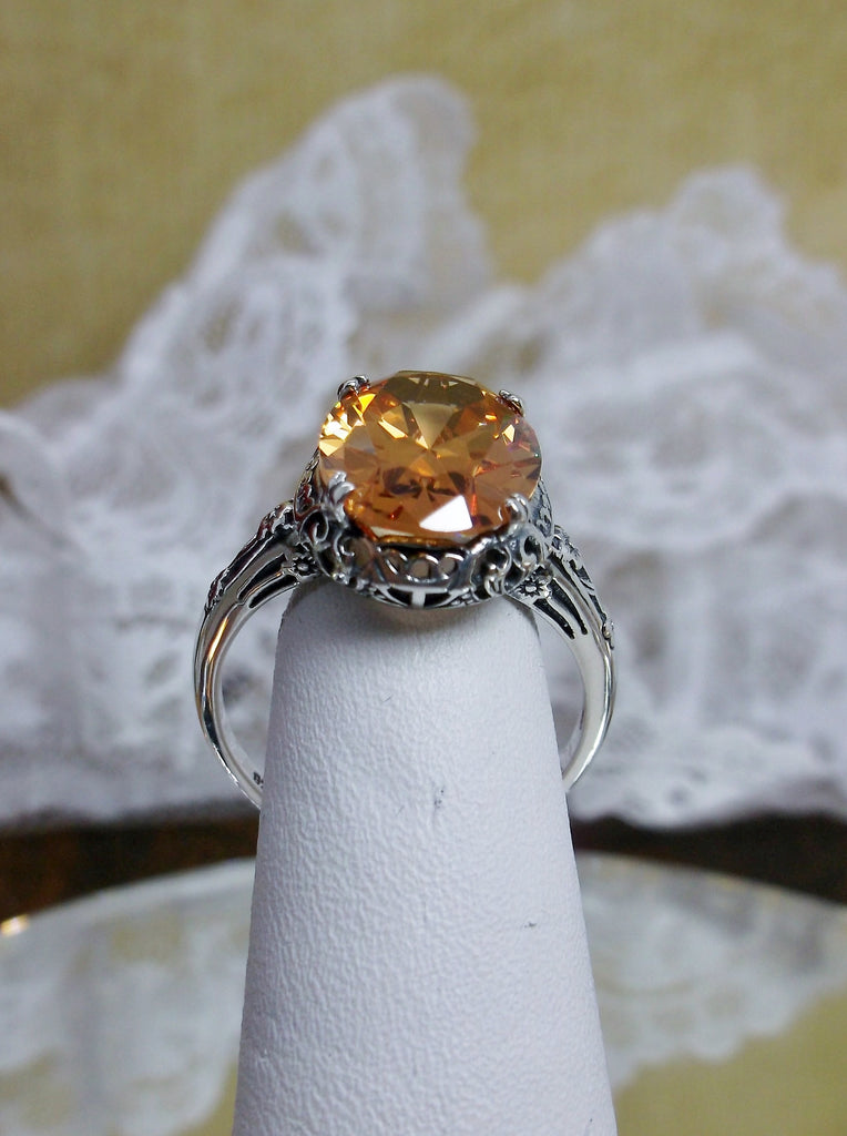 Peach Cubic Zirconia (CZ) ring, Sterling Silver floral Filigree, Edward design #D70