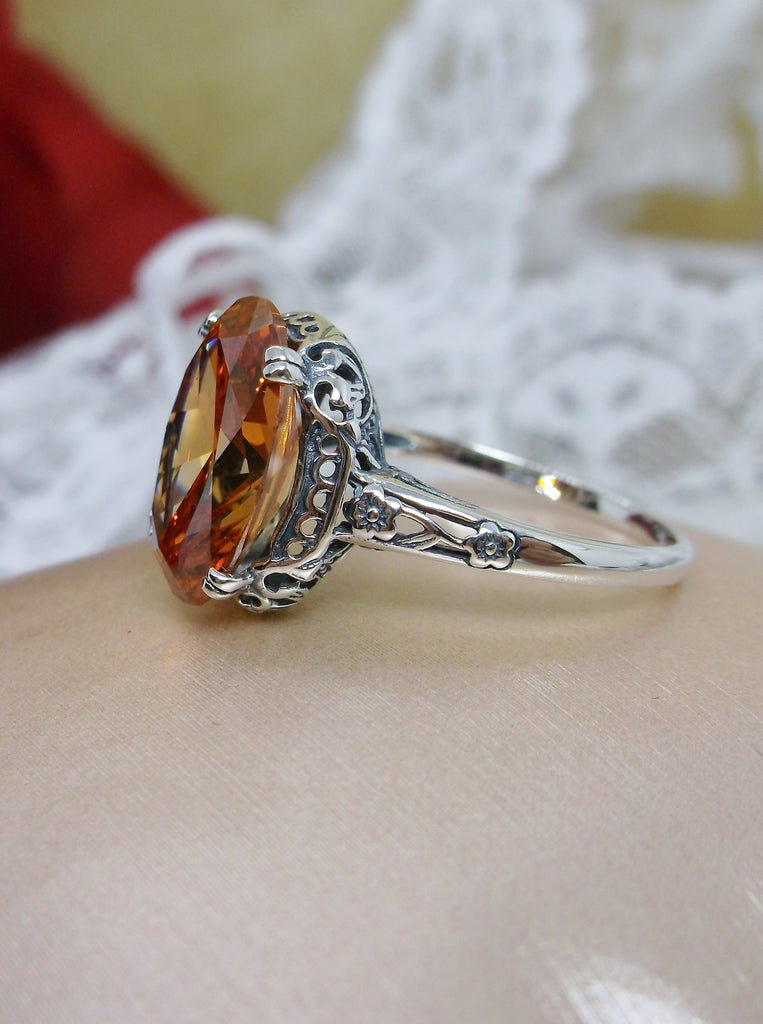 Peach Cubic Zirconia (CZ) ring, Sterling Silver floral Filigree, Edward design #D70