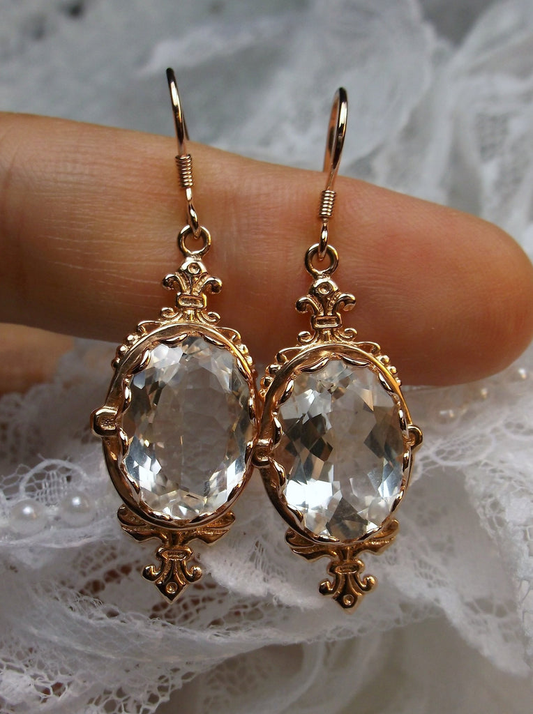 Natural White Topaz Earrings, Rose Gold Filigree, Victorian Jewelry, Pin Design P18