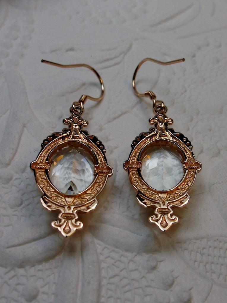 Natural White Topaz Earrings, Rose Gold Filigree, Victorian Jewelry, Pin Design P18